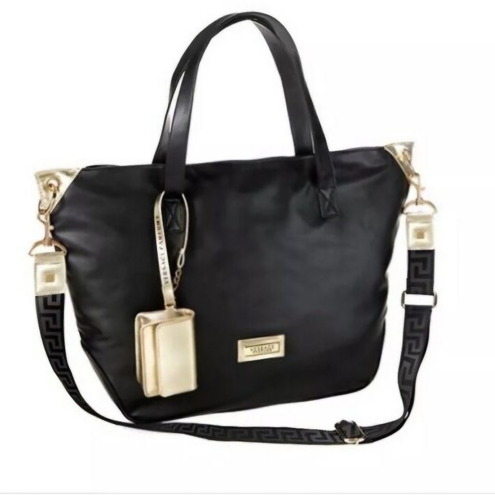*NWOT Versace Parfums Black Tote Bag Weekender Overnight Goldtone